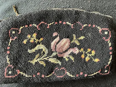 Antique Sm Needlepoint Zippered Bag Beautiful Roses Design With Hearts • $15.99
