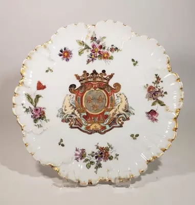 Antique Porcelain Hand Painted Floral Plate Fleur- De -Lis Coat Of Arms Meissen • $325