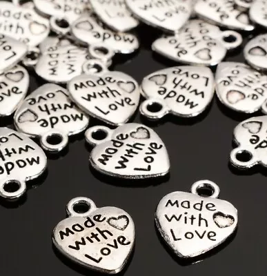 20X Silver Plated MADE WITH LOVE Heart Charm Pendants Jewelry Journal • £2.75