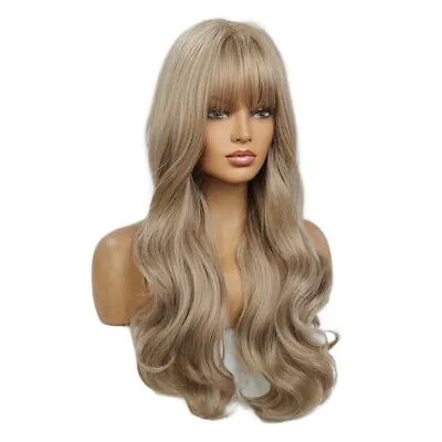 Synthetic Hair Wig With Bangs Ash Blonde Body Wavy Heat Resistant Hair Long Wig • £15.99