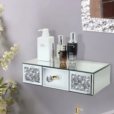 Crushed Crystal Mirrored Floating Wall- Mounted Shelf With 1 Drawer 15''x8''x4'' • £34.99