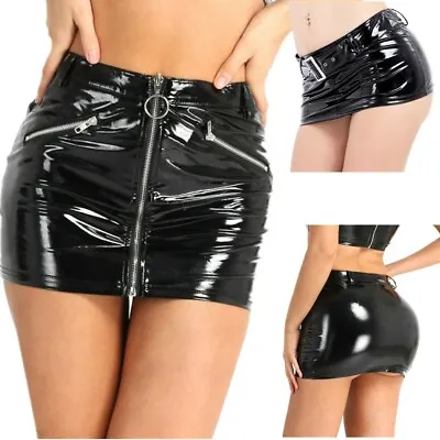 Sexy Womens Pencil Skirt PVC Leather Vinyl Skinny Zipper Open Bodycon Mini Skirt • $8.99