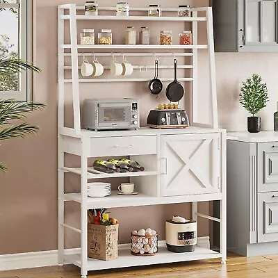 Baker's Rack Coffee Bar Cabinet Farmhouse Microwave Stand With Wine Rack • $129.97