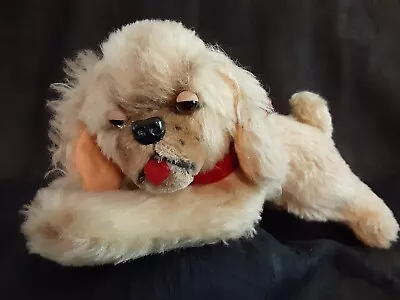 Vintage Stuffed Puppy Dog Lying Down Sleepy Eyes Blonde Mohair Red Bow Fawn 13  • $19