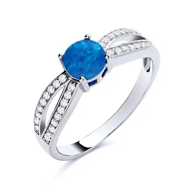 925 Sterling Silver Blue Opal & CZ Solitaire Crossover Ladies Ring Size J To S • £12.95