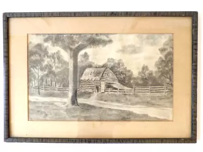 Antique Farm Barn Landscape Charcoal Drawing Signed Vintage Frame Framed • $45