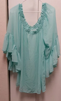 Classique Pretty Flowy Boho Light Turquoise Sheer Peasant Top With Fun Sleeves • £17.03