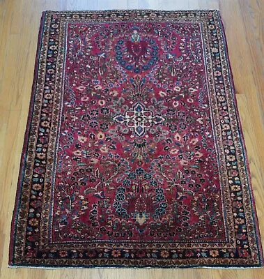 3'3  X 5' Antique Saroukk Hand Knotted Wool Floral Red Rug • $980