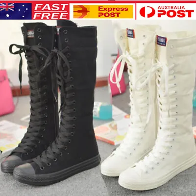 Womens Girls Lace Up Canvas Boots Zip Flat Knee High Sneakers Dress Dance Shoes • $55.99