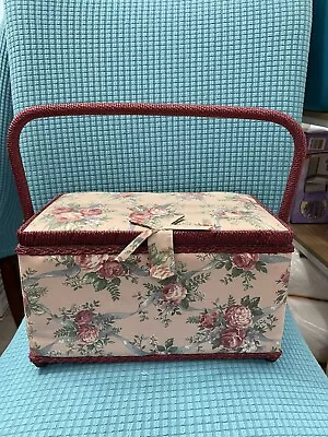 Vintage Floral And Burgundy Sewing Basket Box With Some Supplies Inside • $34.99