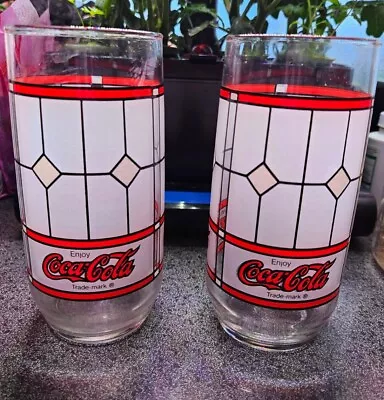 Coca-Cola Glasses Stained Frosted Glass Red & White  Vintage Set Of 2  • $17.95