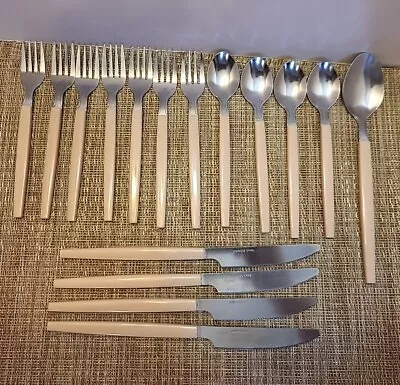 Vintage MCM Stainless China Pink Plastic Handle Flatware Silverware Set Of 15 • $12.71