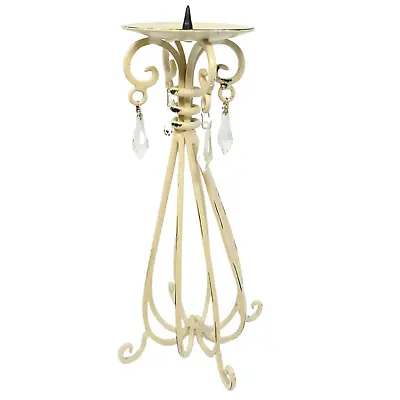 Pillar Candle Holder Metal Ivory Cream Crystals Distressed Shabby Cottage Chic • £21.37