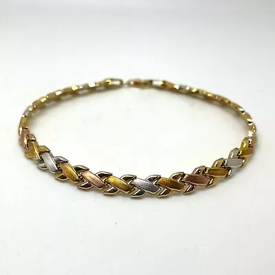 9ct Trio Gold Kiss Bracelet 9k Gold Hallmarked White Yellow Rose 19cm Bracelet • £185