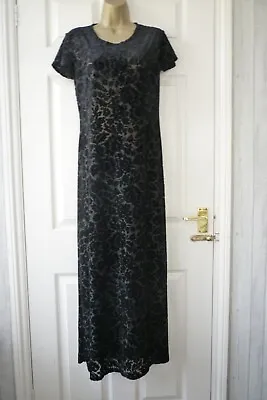 CHARLOTTE HALTON Size 10 Black Floral Sheer Fitted Stretch Velvet Maxi Dress • £19.99