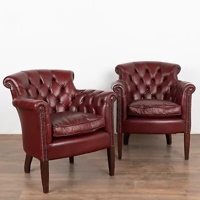 Pair Vintage Red Leather Chesterfield Club Armchairs Denmark Circa 1940-60 • $4250