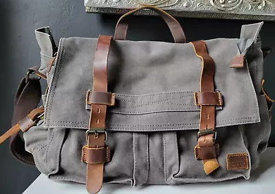 GRAY DISTRESSED COTTON CANVAS KNAPSACK BRIEFCASE W/ GENUINE BROWN LEATHER STRAPS • £56.94