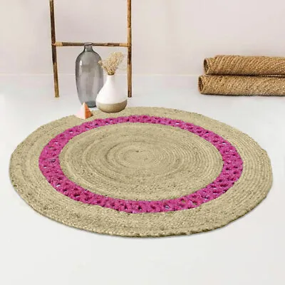 Oussum Bedroom Floor Rugs Jute Kitchen Bathroom Carpet Brown Pink Round Rag Rugs • £57.90