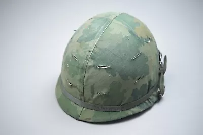 VIETNAM WAR M1 STEEL HELMET W/EARLY MITCHELL CAMOUFLAGE COVER ‘65’ • $250