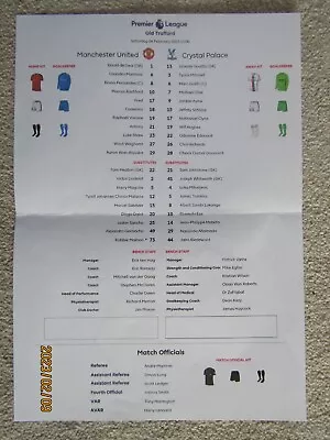 MAN UTD V CRYSTAL PAL Sat 4 Feb 2023  (OFFICIAL PREMIER LEAGUE TEAM SHEET ONLY) • £1