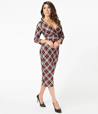 NWT Unique Vintage Red & Grey Plaid Lyddie Wiggle Dress Small Size 4 • £28.50