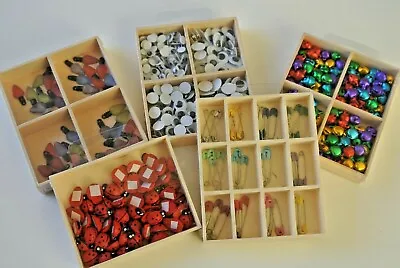 Mini Craft Embellishments In Wooden Boxes Bells Eyes Ladybirds .....  • £3