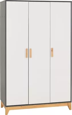 Cleveland 3 Door Wardrobe In White And Pine With Grey Metal Effect • £229.99