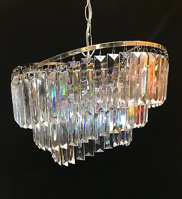Large Chandelier Chrome Crystal  3 Tier Asymmetric Ceiling Light Stunning • £39.95