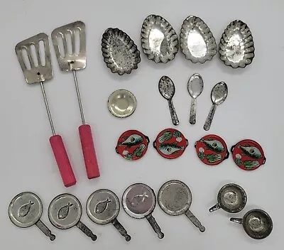 VTG Child Toy Tin/Aluminum Pans Red Handle Spatula Spoon Utensils 21 Piece • $14.99