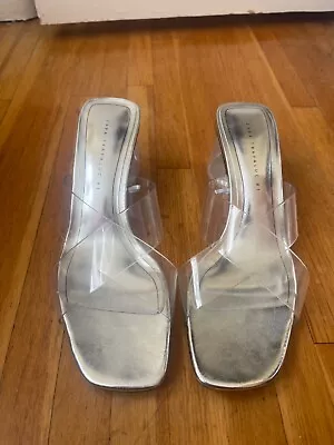 New Zara Trafaluc Slip On Criss Cross Block Heels Sandal Shoe Clear Sz 41 US 10 • $29.90