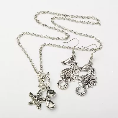 Silver Sea Horse Starfish Chain Pendant Necklace And Seahorse Beach Earring Set • $8.95