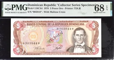 Dominican Rep 5 Pesos Oro Pick#118CS4 1978 Specimen PMG68 EPQ SG Unc Top Pop • $399