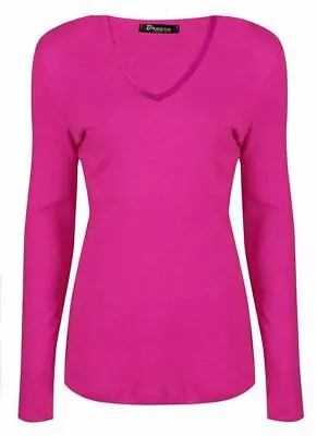 Ladies Womens V Neck Long Sleeve Plain Slim Fit Basic Top Stretchy T-Shirt 8-26 • £6.74