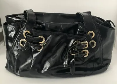 Marco Buggiani Solid Black Patent Leather Shoulder Handbag With Gold Detail • $17