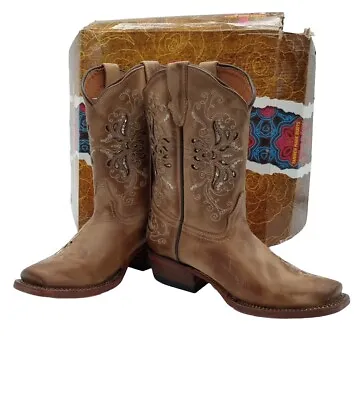 Tanner Mark Girls Pull-On Burnished Sand Butterfly Inlay Western Boots Sz US 12 • $49.99