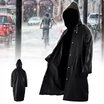 Men Black Waterproof Long Raincoat Rain Coat Hooded Trench Jacket Outdoor • $9.97