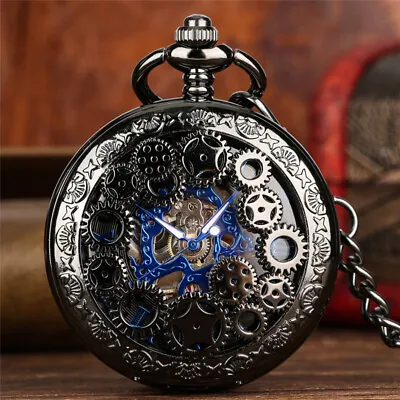 Black Gear Mechanical Pocket Watch With Chain Skeleton Dial For Women Men Gifts • $14.87
