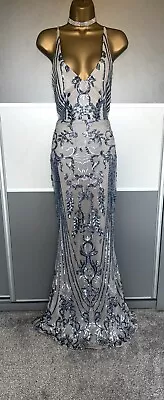 Elegant Evening Sequin Wedding Party Prom Cruise Cocktail Maxi Dress Sz 8/ NEW • £44.99