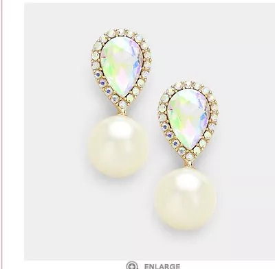 1.5  Long Pearl Gold Ab Aurora Borealis  Crystal Pageant Bridal Dangle Earrings • $12