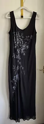 YVE London Maxi Dress Black White Floral Sequin Design Size XL/14 Sleeveless • £9.20