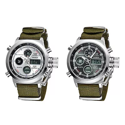 Men's Military Nylon Strap Dual Time Stopwatch Sport Luminous Quartz Wrist Watch • $39.99
