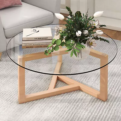 Round Glass Coffee Table Modern Cocktail Table With Tempered Glass Top • $203.55