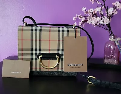 Burberry London D_ring Vintage Check Leather Canvas Crossbody Bag Handbag Mother • $599.99