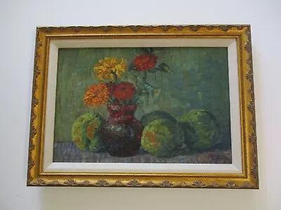 Vintage Impressionist Oil Painting Antique Still Life Fruit Flowers 1940's • $700
