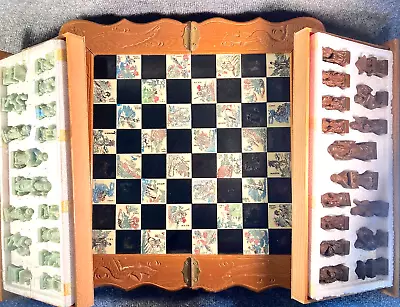 Vintage Oriental Chess Set Asian Carved Wooden Folding Board Soapstone Chess Pcs • $129.95