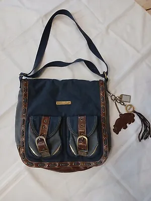 Red By Marc Ecko Vintage Blue Denim Brown Leather Buckle Carry Bag Tote Purse • $18.99