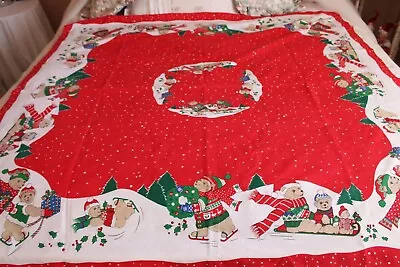 Vintage Christmas Tablecloth Bear Family Sledding Skiing Ice Skating 32 X 54  • $18