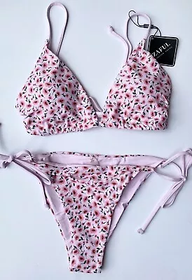 Zaful Pink Floral Padded Top & Bottoms Swimwear Bikini Set BNWT - Size 10 • £14