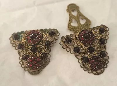 Vintage Pair Rare Coro Garnet Dress Clips Etched BRASS -R Marked 1930's • $150