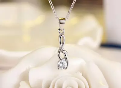 Silver Musical Note 0.5 Ct Cubic Zirconia White Gold Pendant Chain Necklace  • $7.99